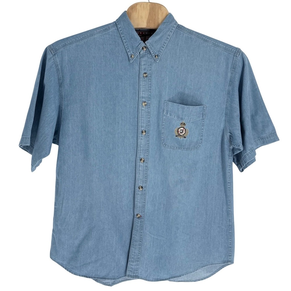 Ivy Crew Mens XL Blue Denim Short Sleeve Button Down Crest Logo Shirt